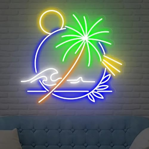 HFHungkeong Palme Neonschild Großes LED Acryl Summer Sunrize Wave Neonlicht mit Dimmbares Schalter, Bar Neon Leuchtschild für Schlafzimmer, Bar, Geschäft, Kaffee, Hotel, Club, Party, USB-Betrieben