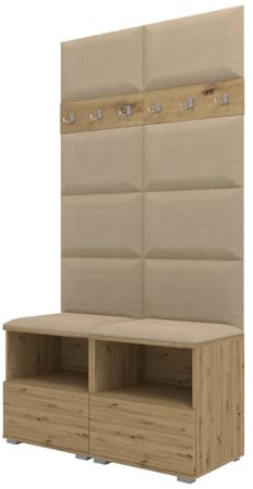 RAVIO Garderoben-Set NELA III mit Gepolstertes Paneel/Wandpaneel, Wand-Garderobe mit Zwei Schuhschränke, 100cm Flurgarderobe, Kompaktgarderobe (Artisan Eiche + Beige (Trinity 04))