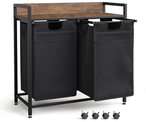 Mondeer Wäschekorb 2 Fächer, Wäschesammler mit Ablage und 2 Herausziehbaren Abnehmbaren Wäschesäcken, Metallgestell Wäschebox mit Fronttasche Geeignet für Schlafzimmer und Badezimmer, 2x50L