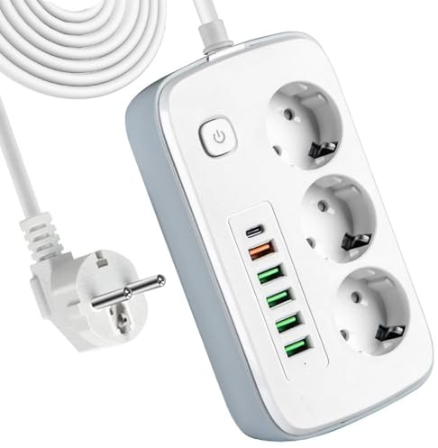 Mehrfachsteckdose mit USB,3 Fach Steckdosenleiste mit 5 USB und 1 USB C Schreibtisch Verteilersteckdose mit Schalter Steckdosenadapter Mehrfachsteckdosen mit 2M Kabel - Weiß