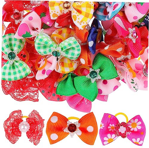 Happyyami 50stücke Haustier Schleifen Mit Gummibändern Bunte Haarschleifen Mit Strass Und Perlen Für Hunde Und Katzen Accessoires Für Haustierpartys Und Fotografie