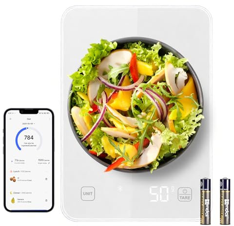 MidingChai Küchenwaage Digital Klein Weiß mit Smart App & Nährwertberechnung, Präzise Grammwaage mit Kalorienanzeige,10KG Wasserdichtes Gehärtetes Glas Lebensmittelwaage für Gewichtsverlust, Fitness