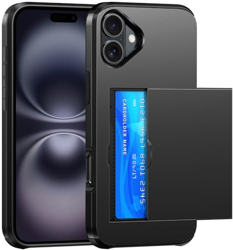 SZSSZSM Plånbok för iPhone 16 Fodral med Korthållare Dubbla Lager Militärkvalitet Skyddande Stötsäkert Dold Kortplats Smal Passform Telefonskydd – Svart