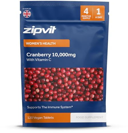 Zipvit Cranberry Tablets 10,000mg with Vitamin C, High Strength Cranberry Extract, 120 Vegan Tablets for Immune Support, 4 Month Supply, Supplement for Men & Women