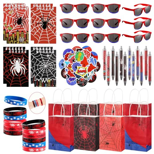 Vanblue 110Pcs Spider Party Favors Birthday Decorations Hero Theme Party Supplies,Spider Web Glasses,Gift Bags,Classroom Rewards Goodie Bag Stuffers,Piñata Fillers for Boys Movie Fans