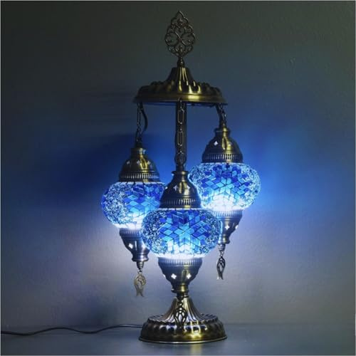 VALVELLO Lampe Mosaïque Turque à 3 Boules – Lampe de Table Orientale Fait Main – Luminaire Bohème en Verre et Laiton – Décoration Artisanale pour Salon et Chambre (Bleu)