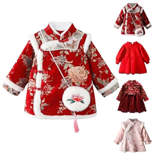 Robe de Nouvel An chinois pour bébé - Robe traditionnelle brodée florale - Jolie robe chaude en tulle avec bordure en polaire Cheongsam - Col montant Qipao, rose gold, 6-12 mois