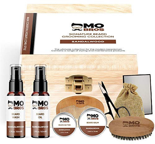 Mo Bro's Kit de Soin Barbe Signature Cadeau Personalisé Homme | Huile Barbe | Savon à Barbe | Cire à Moustache | Baume à Barbe | Peigne Barbe | Ciseaux Barbe | Brosse à Barbe | Boîte Cadeau en Bois
