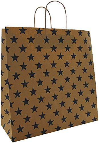 PGV Papiertaschen Papiertüten braun mit Kordel - Sterne BLAU - Verschiedene Größen und Mengen (25 Stück, 35 + 14 x 35 cm)
