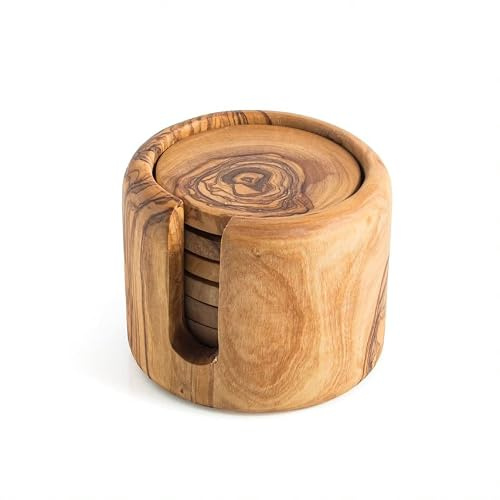 DARIDO Olivenholz Untersetzer 6er-Set mit Halter - Handgefertigt – ca. 8 cm – Weihnachten runde Holzscheiben - Tischuntersetzer - Topfuntersetzer Glas - Dekorative Holzuntersetzer