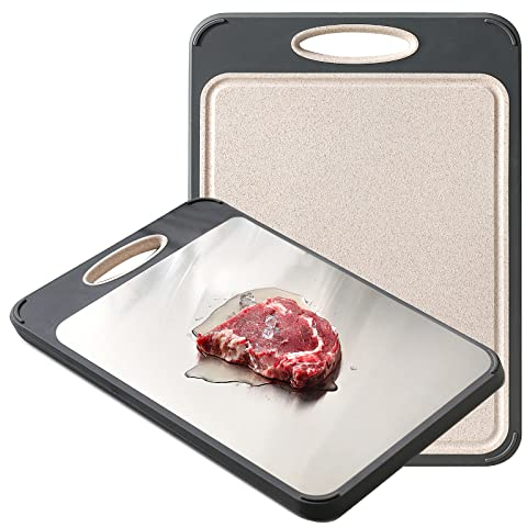 GUANCI Schneidebrett für die Küche Doppelseitiges Schneidebrett aus rostfreiem Edelstahl 304 Lebensmittelqualität Edelstahl und Weizenstroh PP Große Größe 40 × 27 cm Leicht zu reinigen