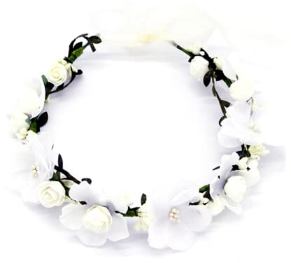 Couronne de Fleurs, Coiffe de Guirlande Fleur de Simulation Serre-tête de Couronne, Filles Bandeau pour Chapeau Ornement Party Festival Beach Travle Mariage Accessoires, Blanc