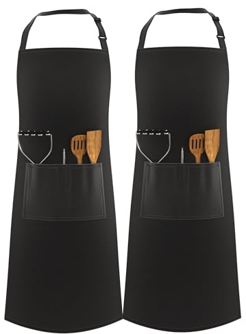 LEFUNDA® Delantal de cocina impermeable con 3 bolsillos y correas largas ajustables para barbacoa, ideal para, hombres, mujeres, cocina, restaurante,cafetería.(1 delantales - Negro - Grande)