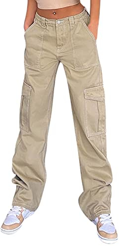 Sunnyuk Cargohose Damen 3/4 Jeans Weites Bein Freizeithose Damen Lang Sommer Aesthetic Vintage Cargo Hose Loungewear Teenager Mädchen Frauen Sporthose Lang Weites Bein