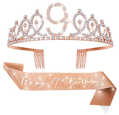 Abeillo Écharpe et diadème pour 9e anniversaire pour filles, couronne d'anniversaire or rose 9 et écharpe fabuleuse, décorations de 9e anniversaire pour filles, cadeaux d'anniversaire pour filles,