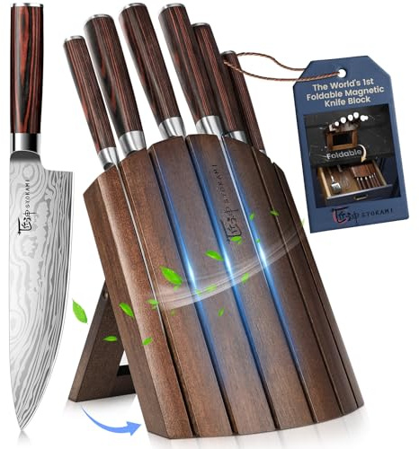 SYOKAMI 2026 Upgrade Knife Set 7 Piece Japanese Style Kitchen Knife Set With Foldable Magnetic Acacia Wood Block Sharp High Carbon Stainless Steel Chef Knives Set with Anti-slip Handle, Gift for Mom