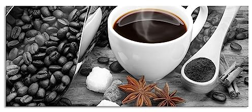 Pixxprint Glasbild Panorama, Wandbild aus Echtglas, Kaffee neben Kaffeebohnen, 100x40 cm, inkl. Aufhängung und Abstandshalter