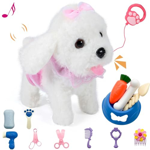 GOBRILLFUN Interaktiver, laufender Plüsch-Welpenspielzeughund, Roboterhund mit Pflegeset, Weihnachtsgeschenkspielzeug für Mädchen und Jungen, Kinder ab 3, 4, 5, 6 Jahren (Schneewittchen)