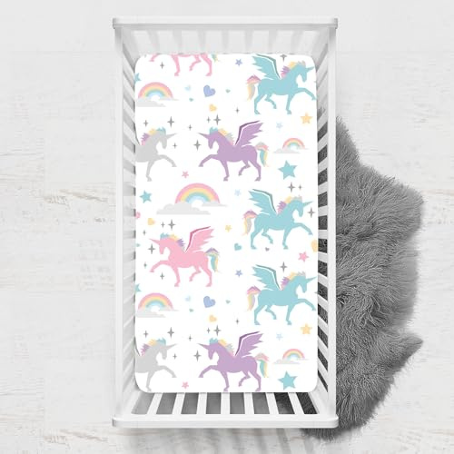 Odot Spannbettlaken für Kinderbett, Einhorn Druck Kinderwagen Matratzenbezug, Weiche Babybett Spannbetttuch Stubenwagen Bezug, Beistellbett Spannbettlaken (70x140 cm,Regenbogen)