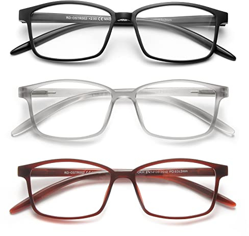 OKH 3er-Pack Blaulichtfilter Rechteckig Lesebrillen Sehhilfe Augenoptik Brille Lesehilfe für Damen Herren Rahmen Federscharniere Verbessert Schlaf Computerbrille Gaming Entspiegelt 4.0