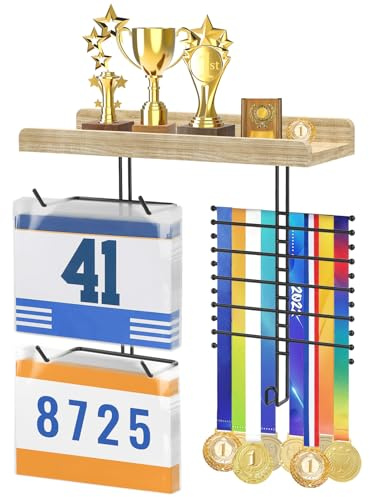 DSVENROLY Medaillenhalter, Trophäenorganizer | Wandmontage für Startnummern, Stabiler Holz Awards Rack Halter für Sportfan, Passt in jeden Raum, einfache Installation