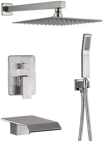 XJTNLB Set Doccia con Soffione e Doccetta Cascata Miscelatore Doccia con Deviatore 10 in Soffione Doccia Quadrato Grande Miscelatore Monocomando Doccia,Spazzolato