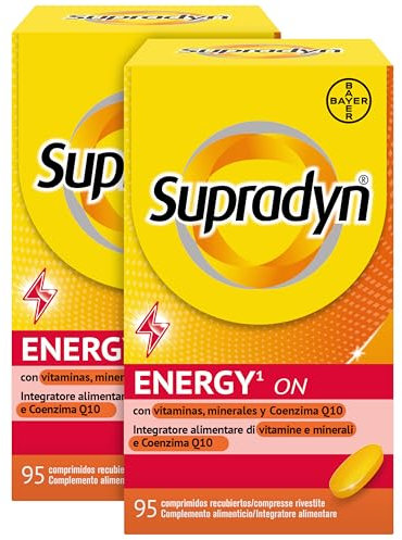 Supradyn Energy On Multivitaminas con vitaminas A, C, D, E, K, B complex y 9 minerales como magnesio, zinc y calcio más biotin y coenzima Q10 - Multivitaminico para mujer y hombre - 190 comprimidos