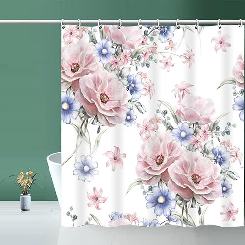 TANGG Duschvorhang, Polyester 240 X 200 cm/94.5 X 78.7 Zoll Wasserdicht, Beschwerter Saum, Maschinenwaschbar, Badewanne Vorhang Schnell Trocknend für Badezimmer, Blumen blühen