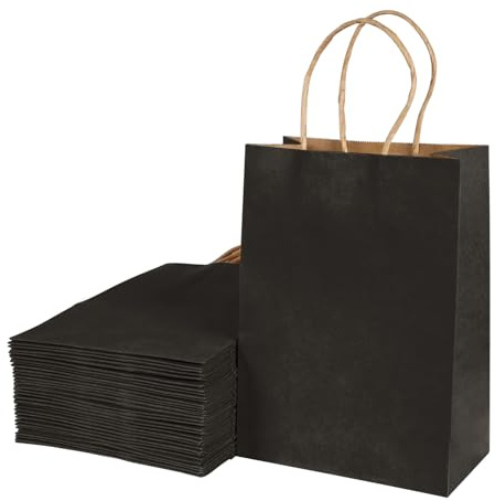 BESCOST 40pcs Sacchetti Carta con Manici (Neri) Sacchetti Regalo 21 x 15 x 8cm Buste Regalo,Sacchetti di Carta Kraft Wedding Bag per Compleanni,Festa, Natale Matrimoni