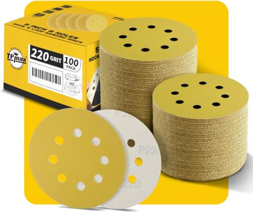 100 discos de lija de grano 220 de 125 mm, 8 agujeros, gancho y bucle redondos dorados de alta calidad para lijadora orbital aleatoria, ideal para madera, metal, automoción