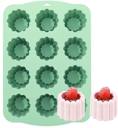 QELEG Silicone Mini Cake Mold, 2.2 inch Silicone Mousse Cake Baking Mold Tall Cylinder Chocolate Molds for Cakes, Brownie, Pudding, Dessert, Pastry, Ice Cream, Jelly, Mint Green, 12-Cavity, flower