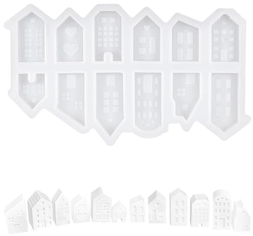 Silikonformen Gießformen Haus, 12 Stück Kleine Silikonform Weihnachten Häuser, DIY Weihnachten Deko Gießformen Silikon, 3D Silikonform Haus Kerzenhalter