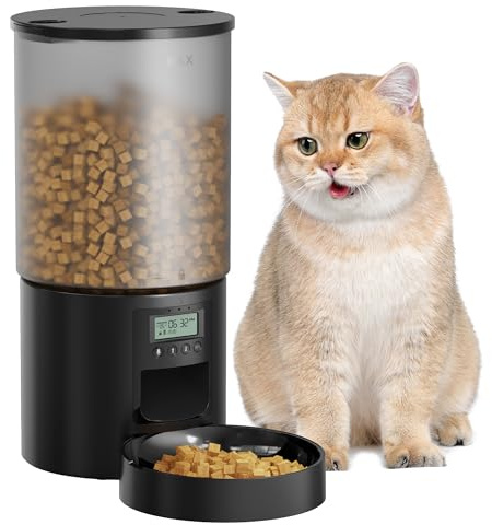 6L Automatic Cat Feeder: Dog Food Dispenser with Programmable Timer Black | Pet Food Feeder with Press the Lid, 10s Voice Recording, Customized Schedule, 1-6 Meals a Day