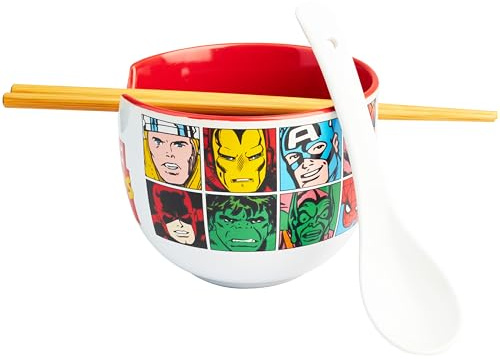 Get Trend Marvel Bol Ramen 600ml con Palillos y Cuchara, Juego 3 Piezas Cuencos Ceramica Japonés para Sopa Fideos Noodles, Vajilla Hogar y Cocina (Multi Marvel)