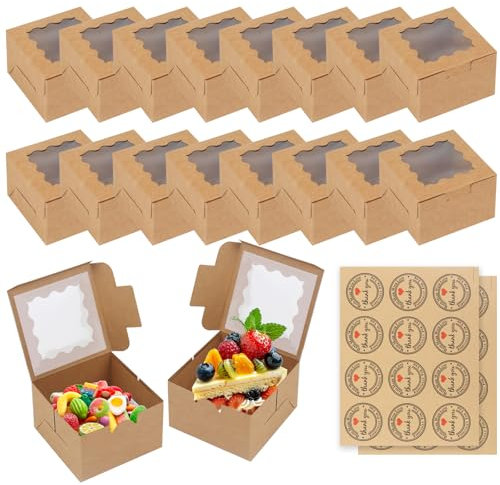 JOYSKY 16 Cupcake Boxes Individual 102 x 102 x 67 mm Cookie Box Single Cupcake Boxes with Windows and 24 Stickers Suitable for Cupcakes Desserts Pastries Cookies Petits Fours Candies Pies and Gifts