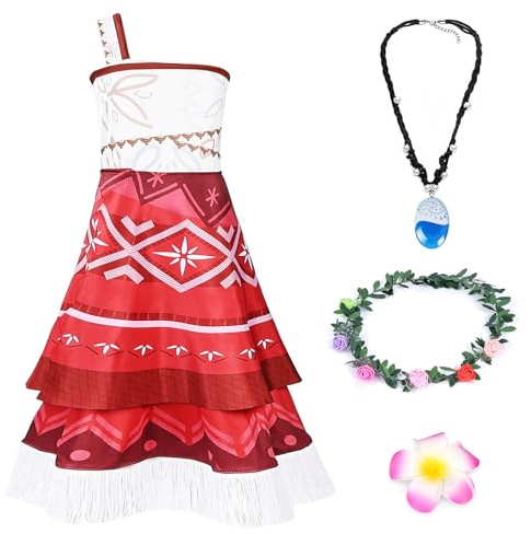 AUYAO Déguisement Vaiana Fille, Robe de Princesse Vaiana Enfant, Vaiana Costume Princesse avec Accessoires Collier, Fille Princesse Vaiana Robe Dress up Noël Carnaval Fête Fancy Robe de Soirée