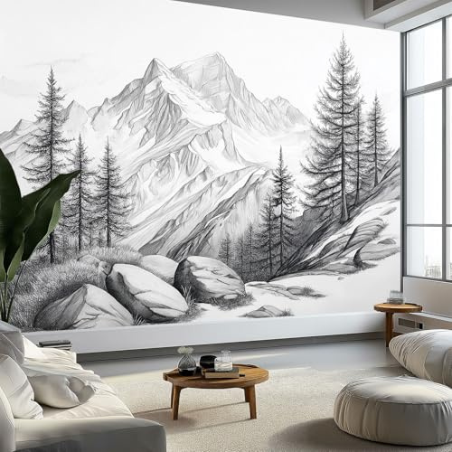 Papier Peint Panoramique Montagnes Forêts Rochers Peints, Poster Fresque Murale Noir et Blanc, Poster Mural pour Salon, Chambre d’Enfants ou Restaurant, 350 x 256 cm (L x H) Décoration Fresque