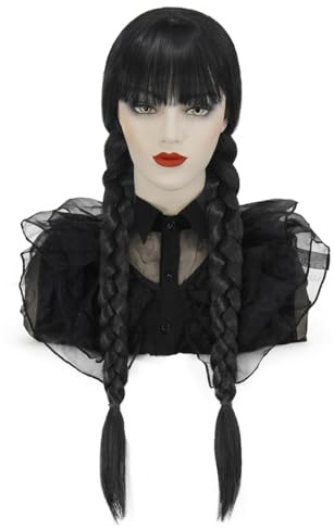 Puzgaqy Schwarze Perücke für addams Kostüm Perücke Damen mit Flechten Lang Geflochten Perücke für Halloween Fasching Karneval PU003BK