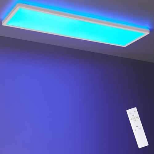 LEZOE Plafonnier LED RGB dimmable avec télécommande, 22 W, 3000 lm (136 lm/W), 4000 K, panneau lumineux RGB dimmable pour bureau, cuisine, salon, chambre, chambre d'enfant 58x20x2,8cm