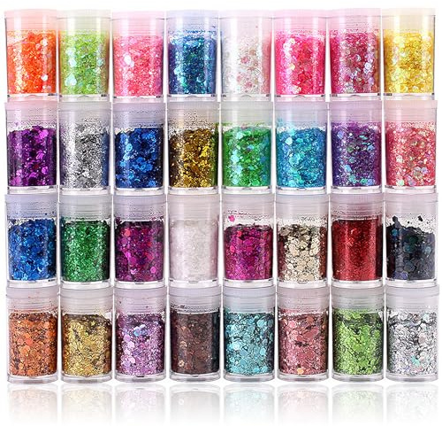 GmwyCzV 32 Färger Glitter Pulver, Glitter Smink, Glitter för Pyssel, Tjock Holografisk Glitter, för Ansikte, Kropp, Ögon, Nagelkonst, Epoxyharts, Handarbete och DIY