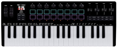 Kavolet Controlador de Teclado MIDI de 37 Teclas con 16 Pads RGB, 8 Teclas, 4 Atenuadores, Motor Sintetizador para Producción Musical, PC DAW, ABS, Negro, Teclado Portátil 37 para Amantes la Música