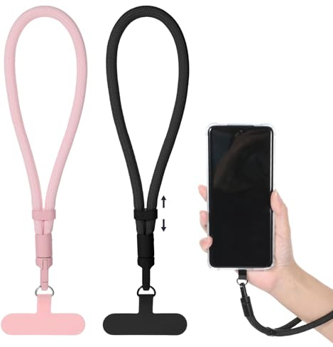 2 stycken mobiltelefonkedja kort universell, justerbar handledsrem mobiltelefon hänge telefonrem med lapp, anti-förlust mobiltelefonband för smartphones kamera hörlurar mobilskal nycklar (rosa, svart)