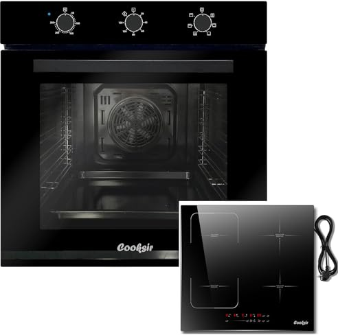 Cooksir Four encastrable 60 cm, four grande capacité 60 litres avec prise, 2200 W, 6 fonctions, bouton rotatif+Plaque Induction 4 Feux avec Prise, Zone Flexible Combinée, Minuterie, Boost