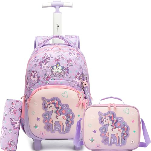 HTgroce 3-Teiliges Schulranzen mit Rollen Mädchen Einhorn, Ergonomisch Schulranzen Trolley inkl. Lunchtasche & Federmäppchen Grundschule Schultasche für Schule & Reisen