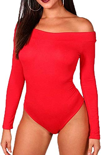 Red Olives® Womens Ladies Off Shoulder Bardot Full Sleeves Ladies Stretchy Bodysuit Leotard Top UK 8-22 (12-14, Red)