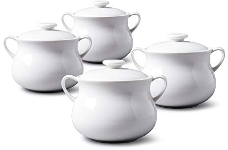 WM Bartleet & Sons 1750 TSET119 Traditional Porcelain Set of 4 Lidded Individual French Onion Soup and Stew Bowl with Handles 500ml – White