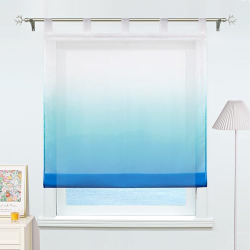 ESLIR Raffrollo mit Schlaufen Gardinen Küche Raffgardinen Transparent Schlaufenrollo Vorhänge Farbverlauf Voile Blau BxH 120x140cm 1 Stück