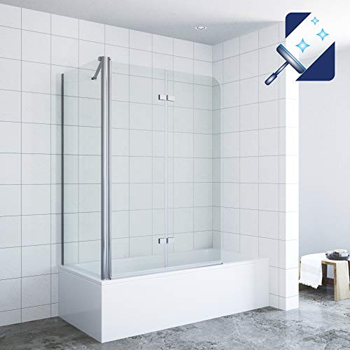 AQUABATOS® Eck Duschtrennwand Duschwand für Badewanne faltbar Badewannenaufsatz 100 x 140 cm mit Seitenwand 75 x 140 cm aus 5mm ESG Sicherheitsglas mit Nano Beschichtung