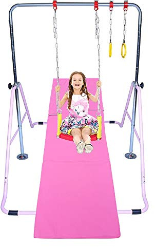Gymnastic Bars for Kids 4 in 1 Set with Swing Seat, 2 Trapeze Rings, & Tri Fold Mat | Adjustable Height Folding Gymnastics Training Kip Bar for Home | Junior Horizontal Bar Expandable Monkey Bar Pink