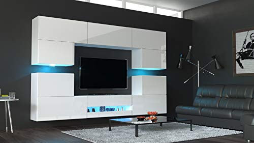 Furnitech Wohnwand Wohnzimmer | Hängend Wohnwand Modern | Wohnzimmer Schrankwand mit Regale und TV Schrank | Wohnzimmer Möbel ohne LED (Wega AN37-18HG-W2 1A ohne Füße)